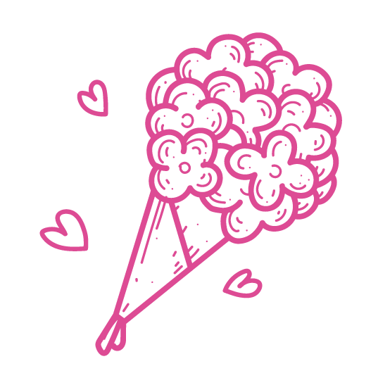 Dibujo de ramo de flores con corazones alrededor.