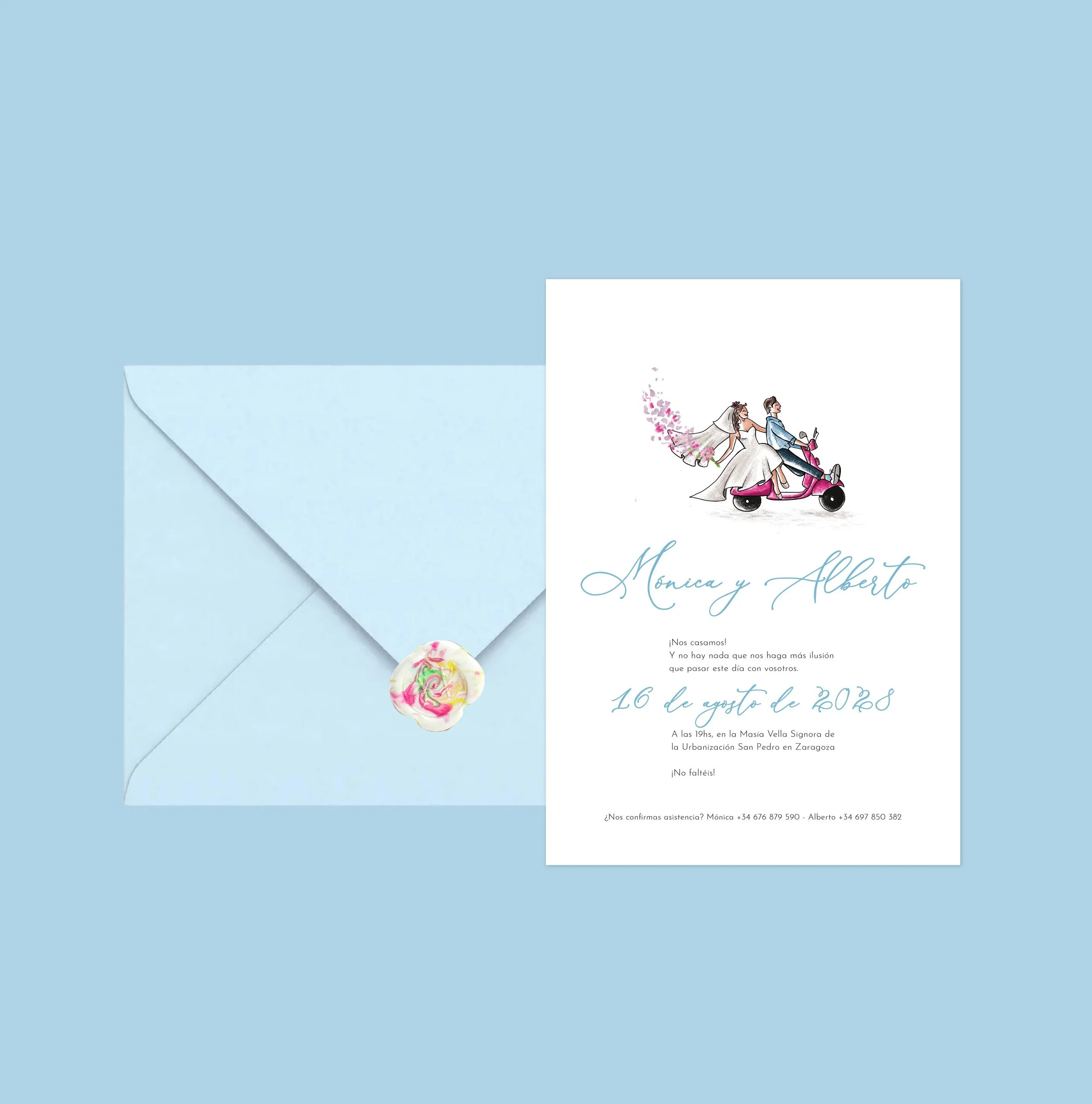 Invitación de boda ilustrada. Paleta de colores vivos.