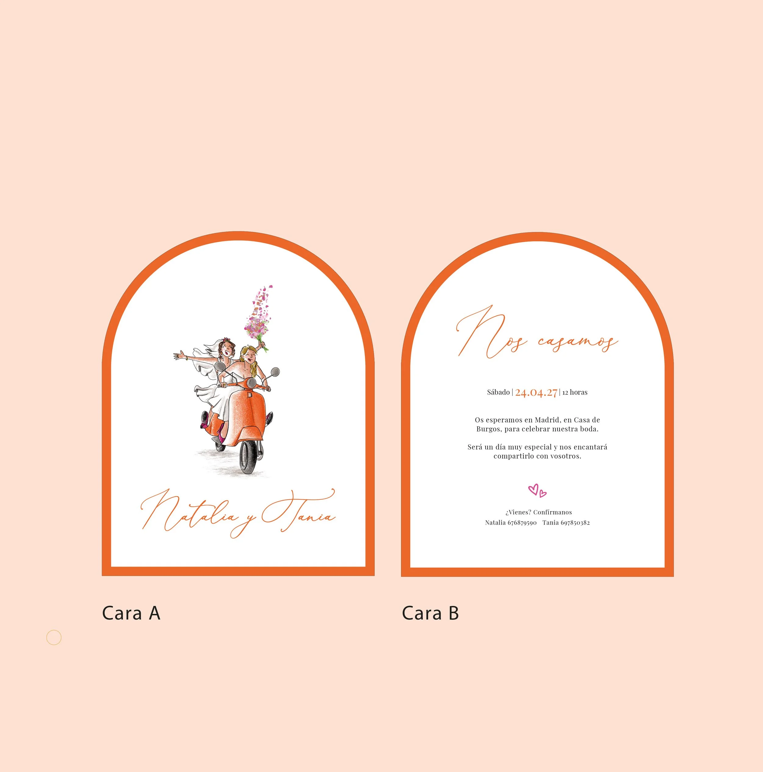 Invitación de boda original y diferente con ilustración personalizada. Boda con colores vivos.