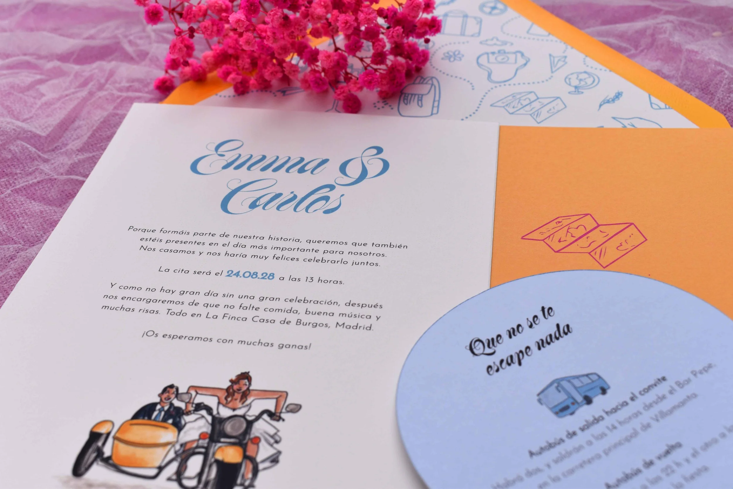Invitación de boda personalizada. Papeleria de colección. Invitación Rumbo con sobre forrado
