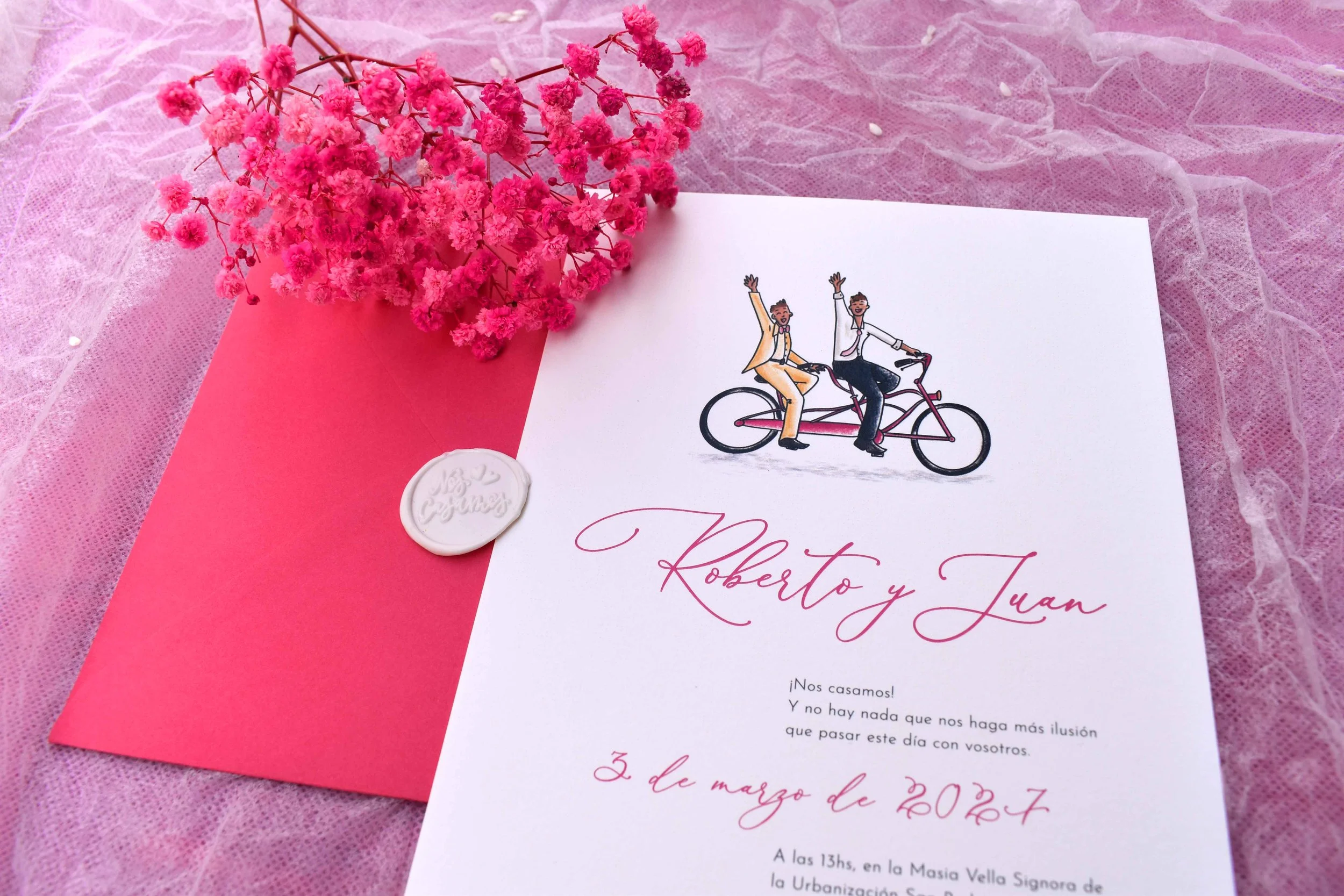 Invitación de boda ilustrada. Paleta de colores vivos.