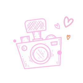 Dibujo de una cámara de fotos en líneas rosadas con corazones alrededor.