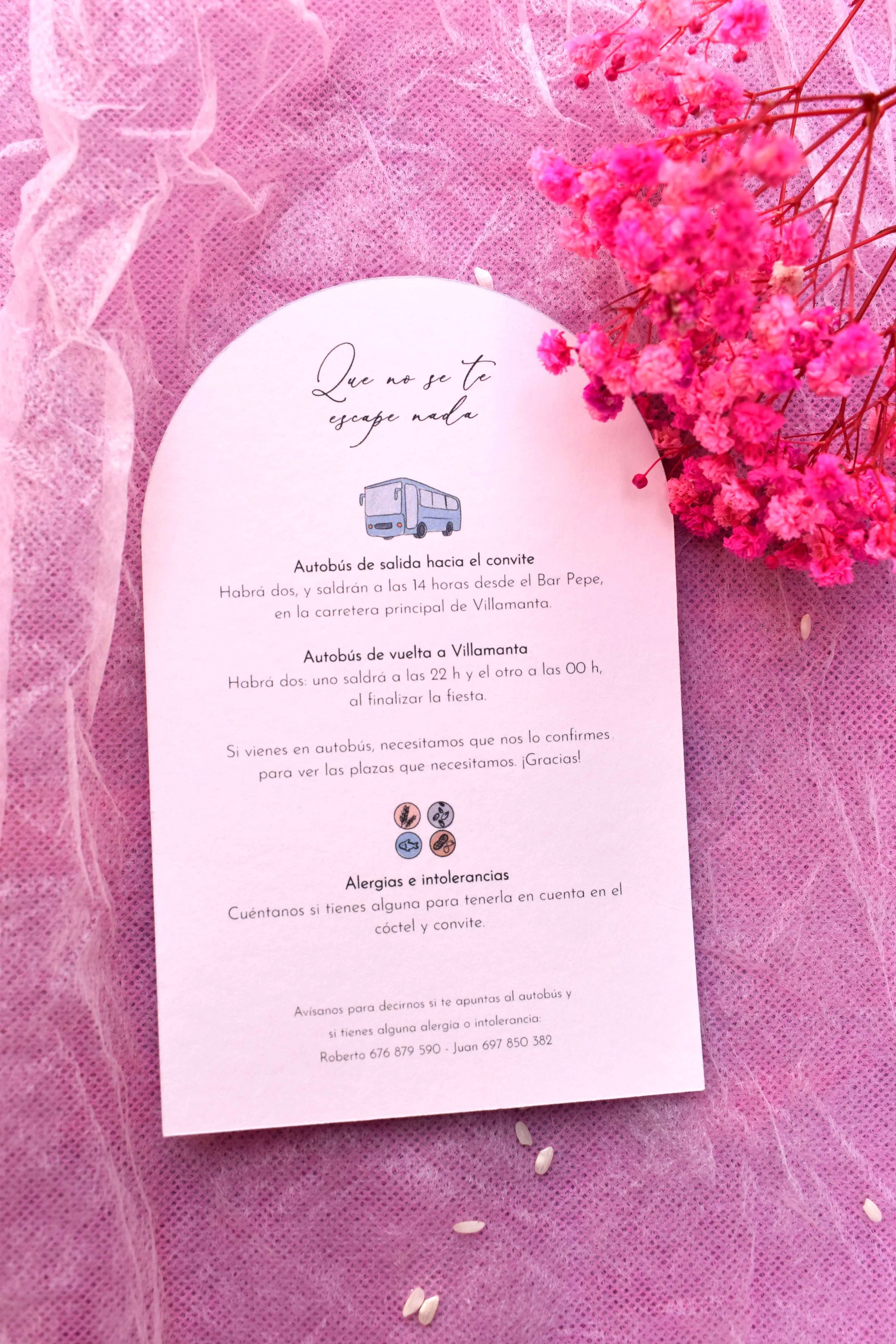 Tarjeta complementaria a la invitación de boda con información adicional para los invitados