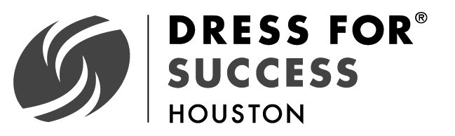 Logo for Dress for Success Houston with an abstract swirl icon and bold text.