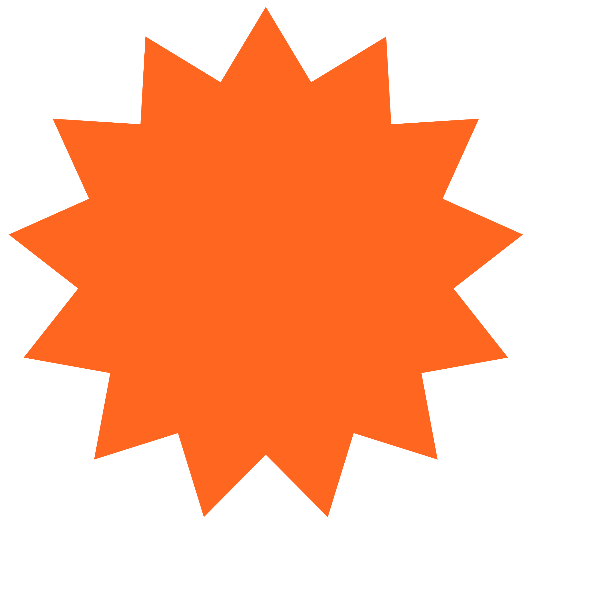 Orange starburst shape with jagged edges on a black background.