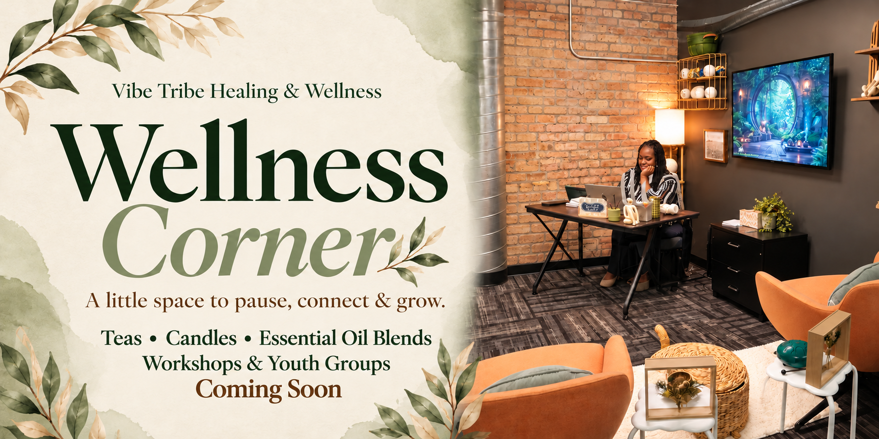 Vibe Tribe Wellness Corner: teas, candles, essential oil blends, workshops and youth groups coming soon, beside a welcoming office photo.