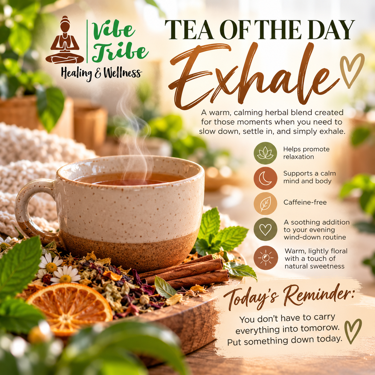 Vibe Tribe Exhale tea preview: a steaming cup of herbal tea and a reminder to slow down and let today be today.