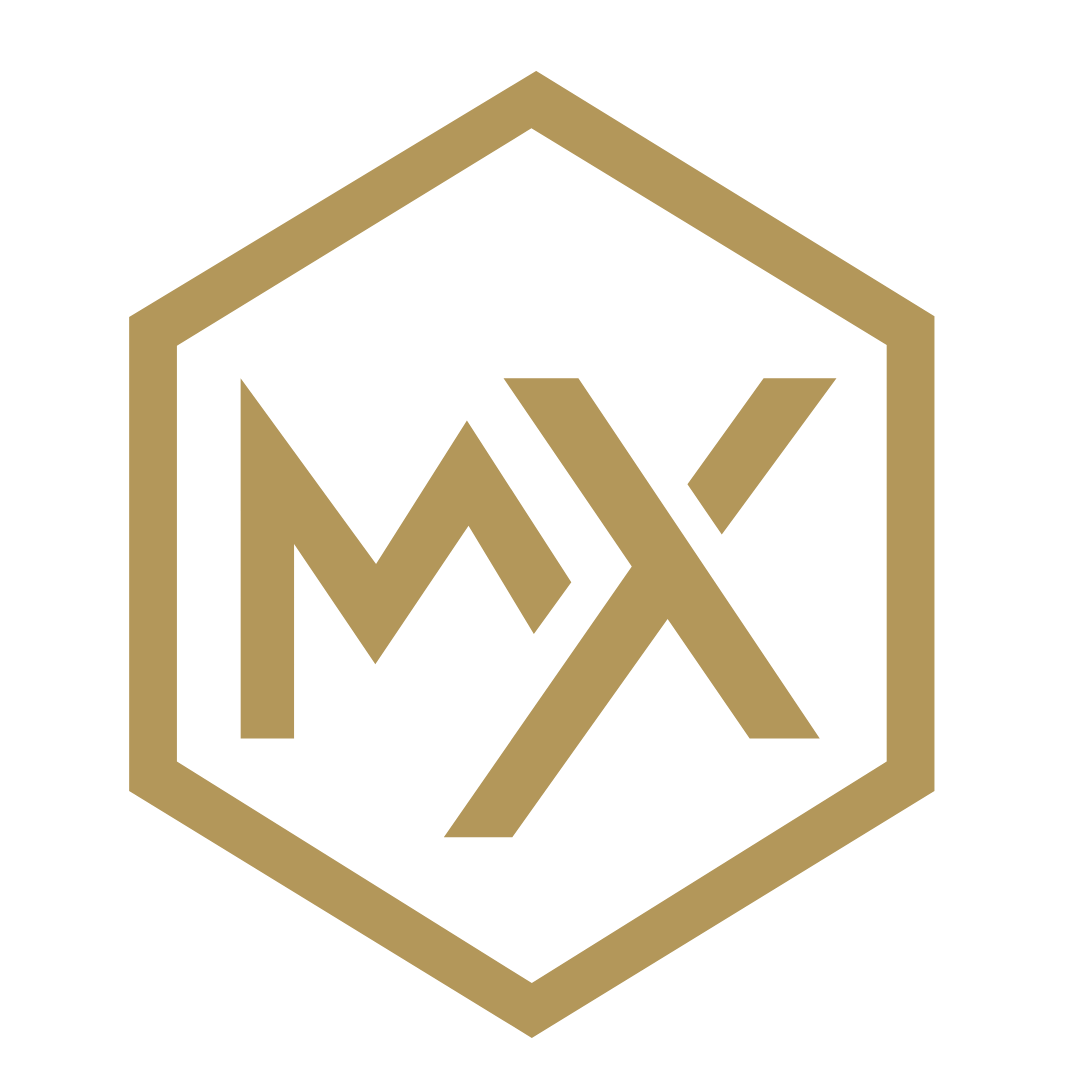 A black hexagon with a gold outline containing the letters 'M' and 'X' in gold, stylized and interlinked.