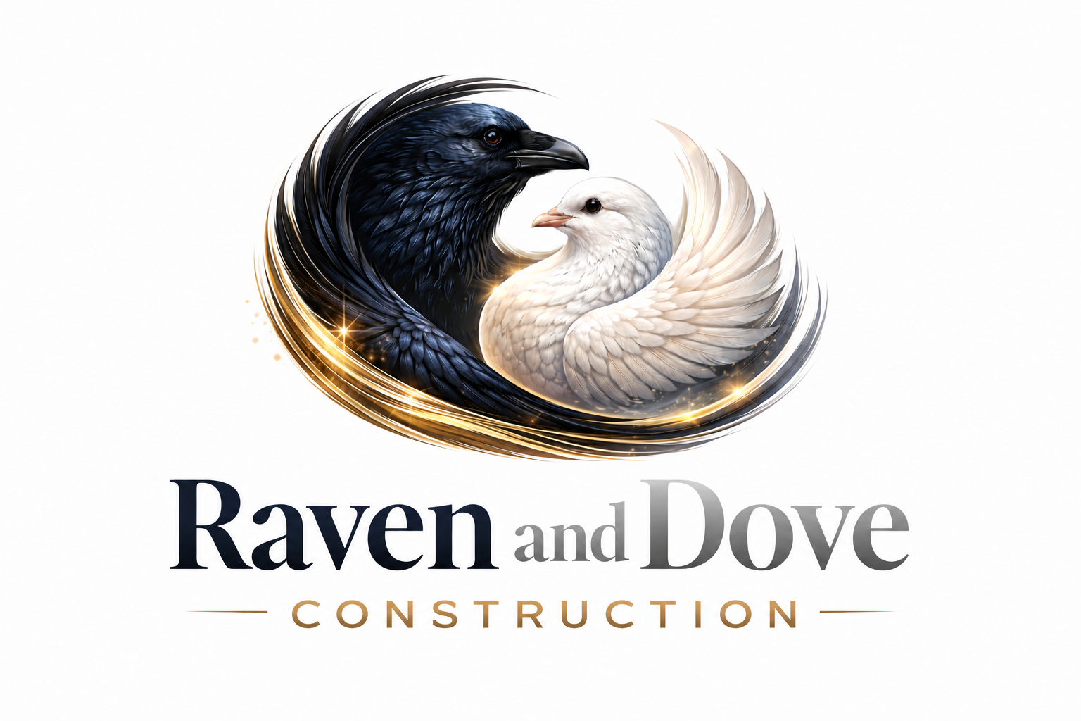 A logo for Raven and Dove Construction featuring a stylized black raven and white dove intertwined, with the company name below in elegant font.