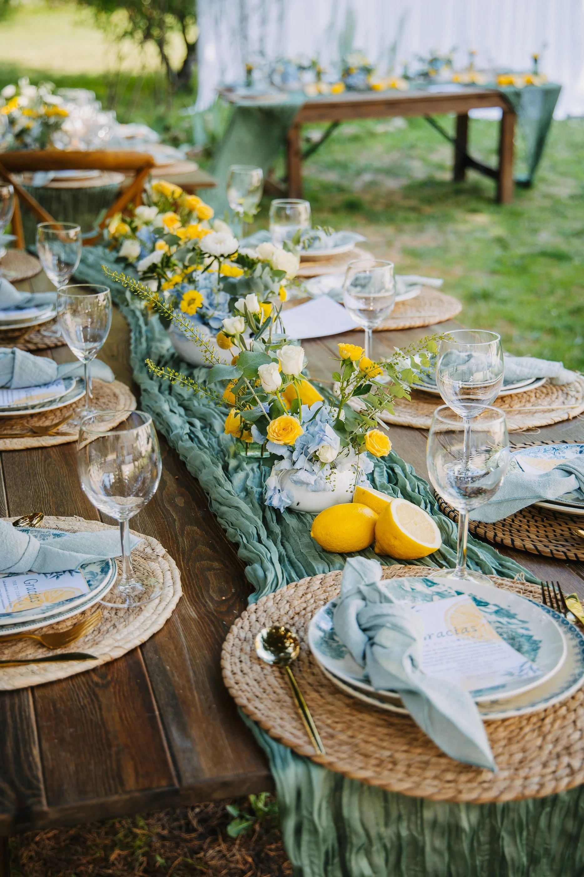 Outdoor dining table set with a floral centerpiece, glasses, plates, and lemons, decorated for a garden party.
