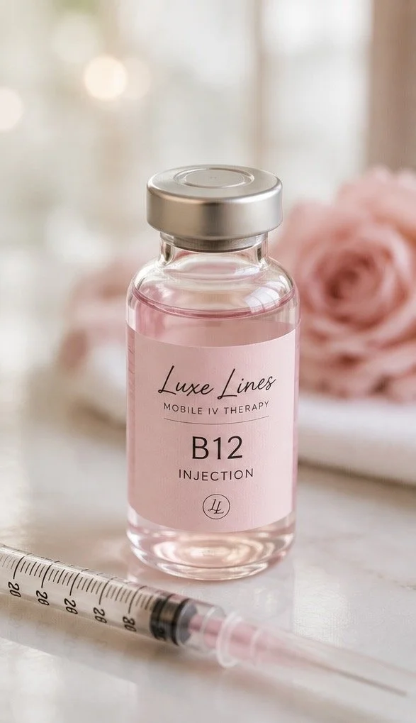 A small glass vial of pink liquid labeled 'Luxe Lines Mobile IV Therapy B12 Injection' with a syringe nearby on a white surface, pink rose in the background.