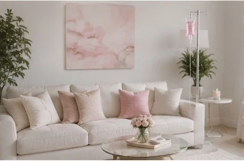 Living room with a white sofa, pink and cream pillows, pink artwork, a round coffee table with a flower arrangement, and a plant in a stand.