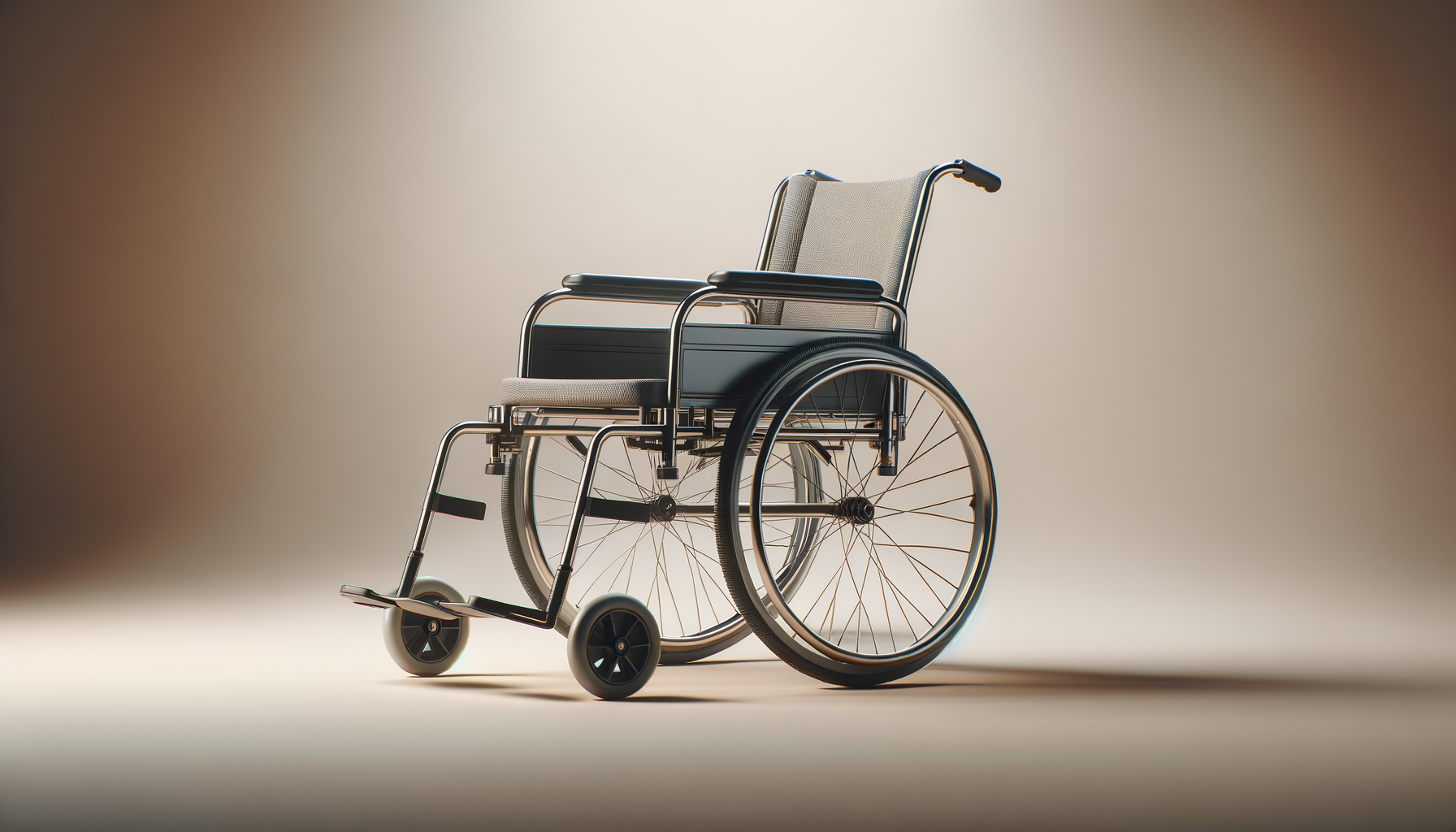 A modern wheelchair with a metal frame, black armrests, and large rear wheels, set against a plain background.