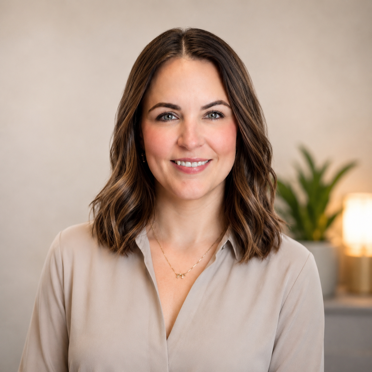 A woman with shoulder-length brown hair, wearing a beige blouse and a necklace, smiling in a neutral-toned room with a green plant and lamp in the background.