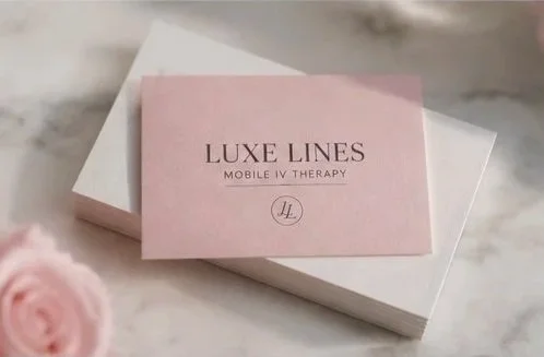 Pink box labeled 'Luxe Lines Mobile IV Therapy' on a white surface, with blurred pink flowers in the foreground.