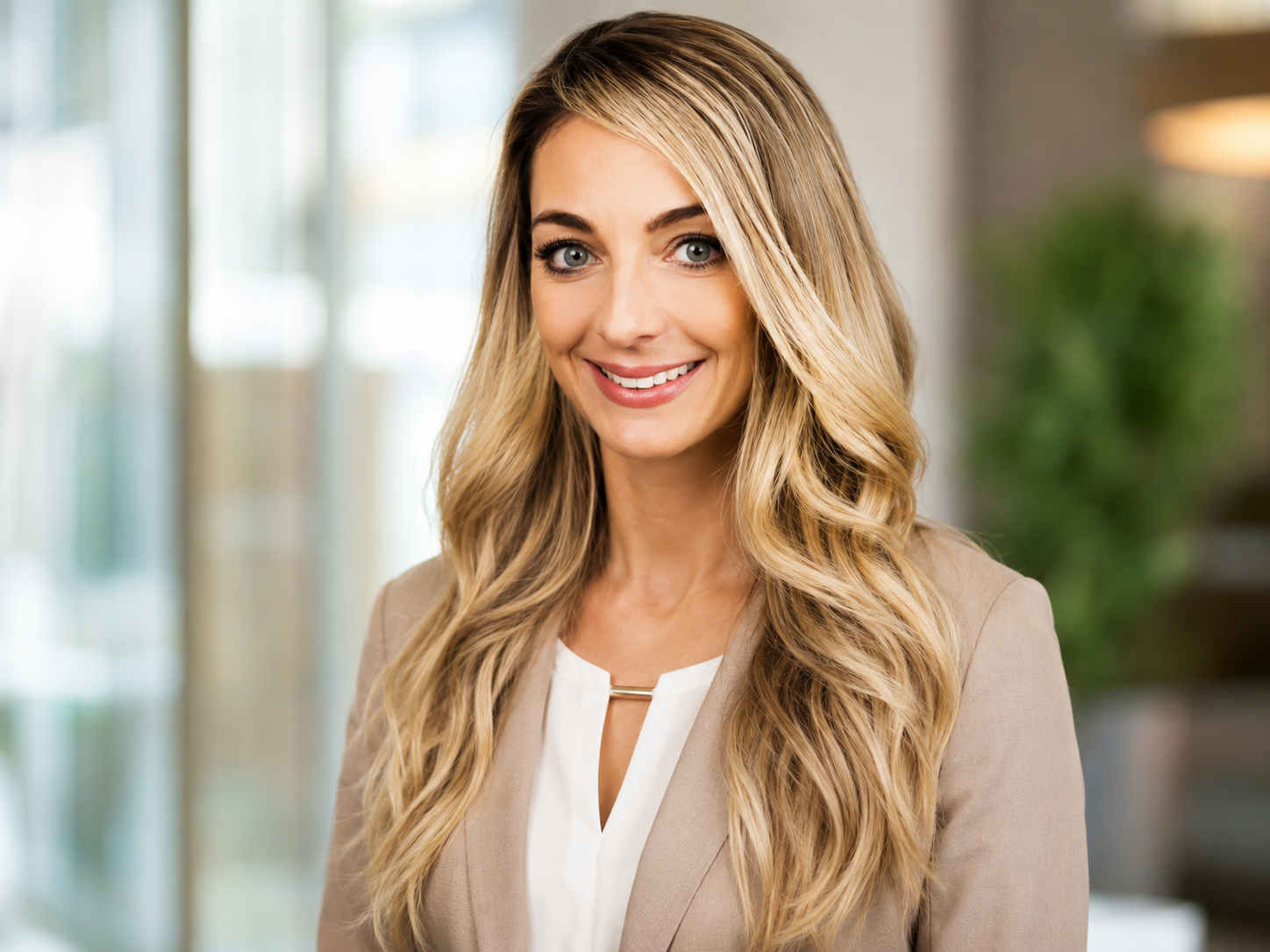 A smiling woman with long blonde hair and blue eyes, wearing a beige blazer and white blouse, standing indoors with a blurred background and natural light.