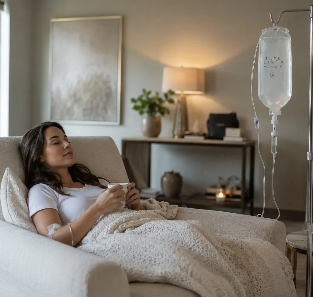 Woman resting on a sofa in a cozy living room with IV fluid bag nearby