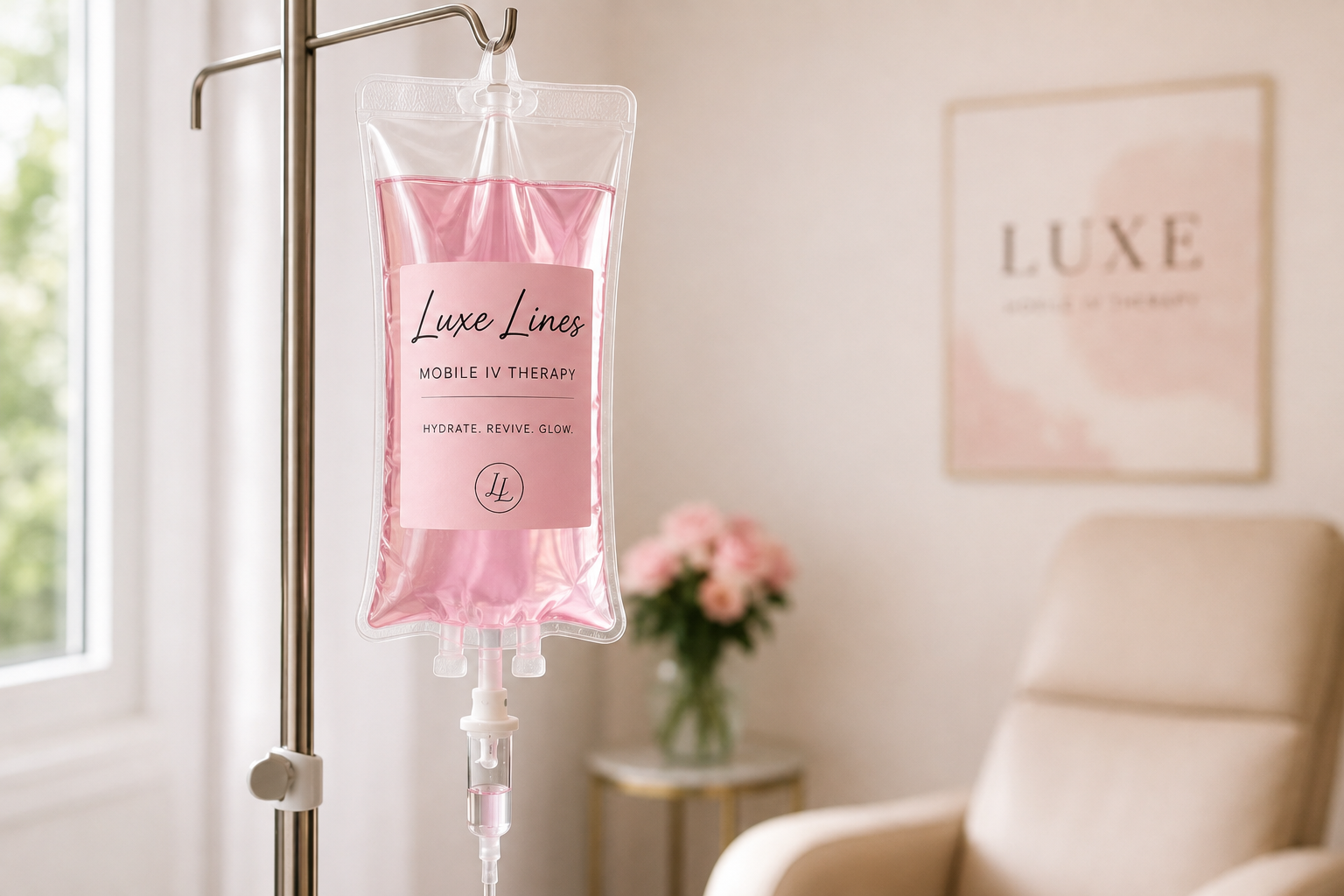 An IV therapy bag labeled 'Luxe Lines Mobile IV Therapy' filled with pink liquid hanging on a stand in a cozy room with a cream-colored chair, a side table with pink flowers, and a framed art piece with the word 'LUXE' in the background.