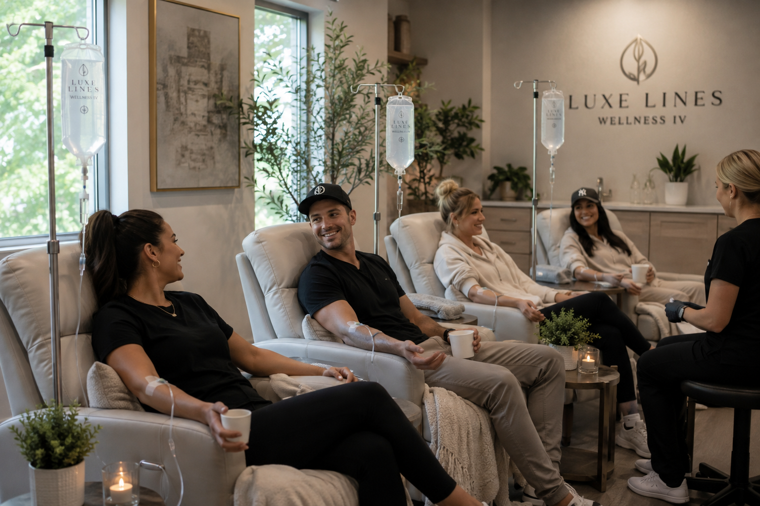 People receiving IV therapy during a wellness session at Luxe Lines Wellness IV clinic, seated in comfortable chairs with IV bags overhead, smiling and engaging in conversation.
