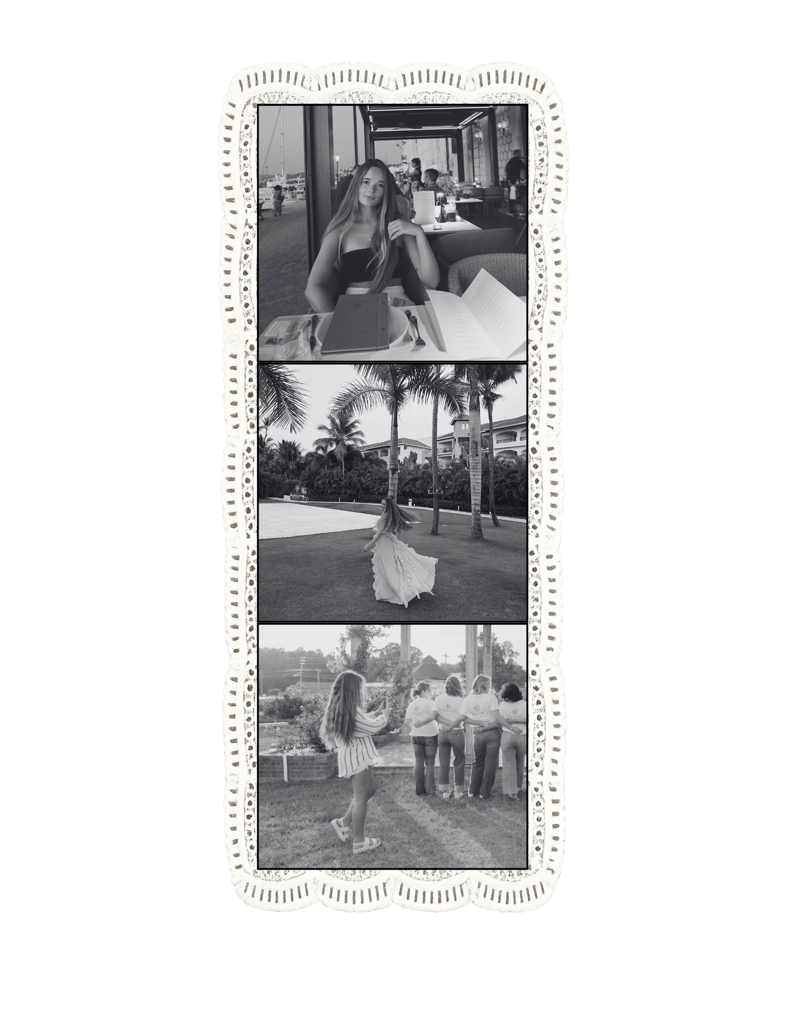 Sequence of four black and white photos. First photo shows a young woman sitting at a restaurant table with an outdoor view of boats. Second photo shows palm trees and a building. Third photo features a girl in a dress walking in a park. Fourth photo depicts a group of people walking outdoors with trees and power lines in the background.