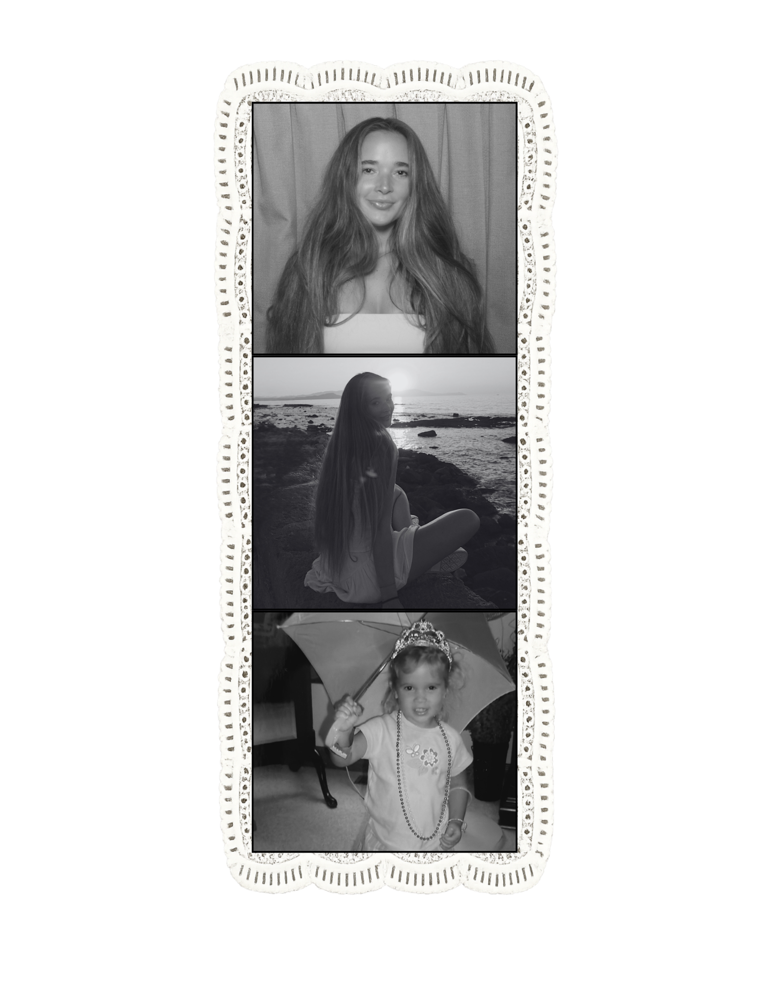 A collage of four black-and-white photographs of a young woman. The top photo shows her with long, wavy hair, smiling against a curtain background. The second photo depicts her sitting on rocks at a beach during sunset, looking over her shoulder. The third photo shows her as a child holding an umbrella indoors, wearing a necklace and smiling at the camera. The fourth photo is a close-up of her face, with long hair and a crown on her head.