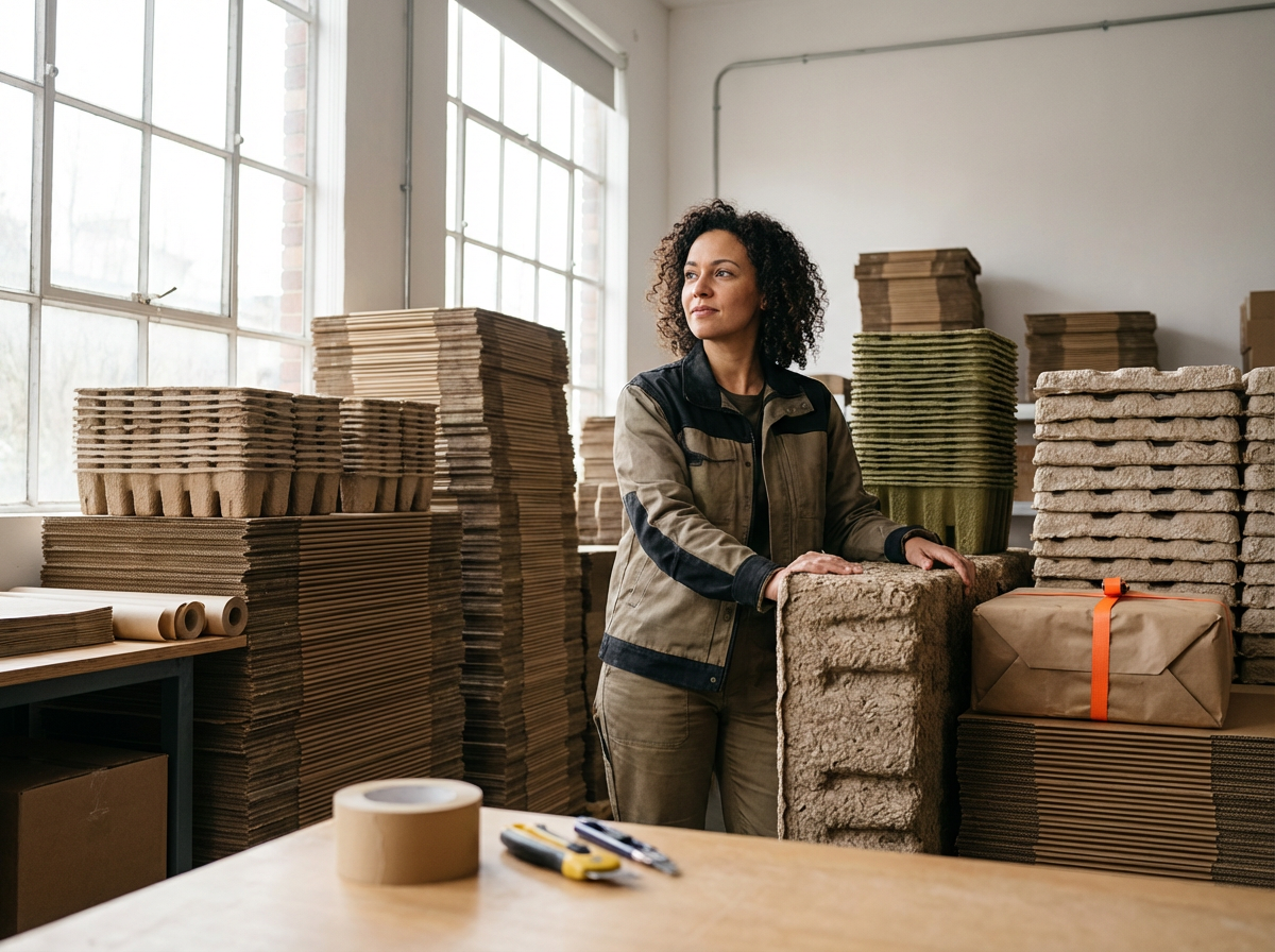 Woman working in a packaging or cardboard assembly room surrounded by stacks of flattened cardboard boxes, packing materials, and tools on a table.