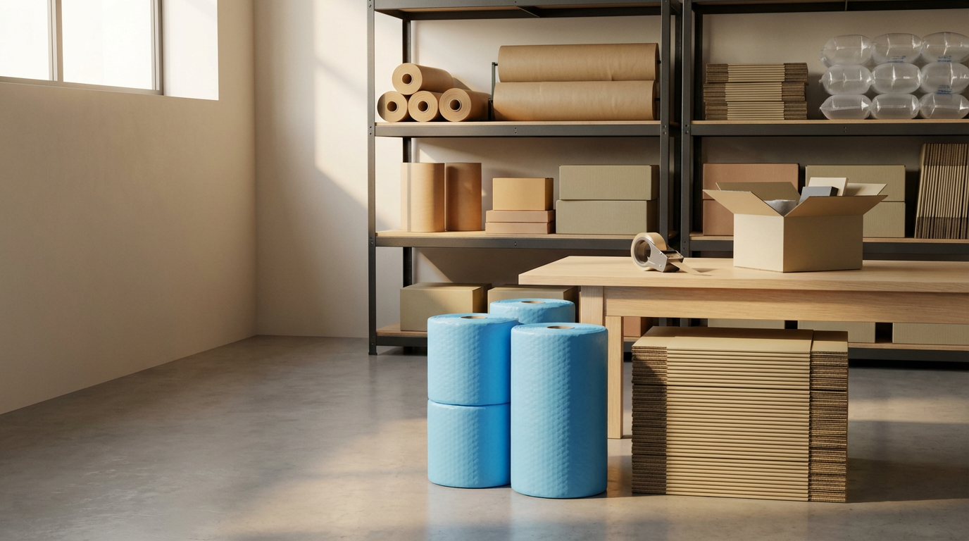 A storage room with shelves containing cardboard boxes, bubble wrap, and packing supplies. In the foreground, there are four large blue rolls of packing paper or bubble wrap and a stack of flattened cardboard boxes. A table has an open box, a tape dispenser, and packing tape.