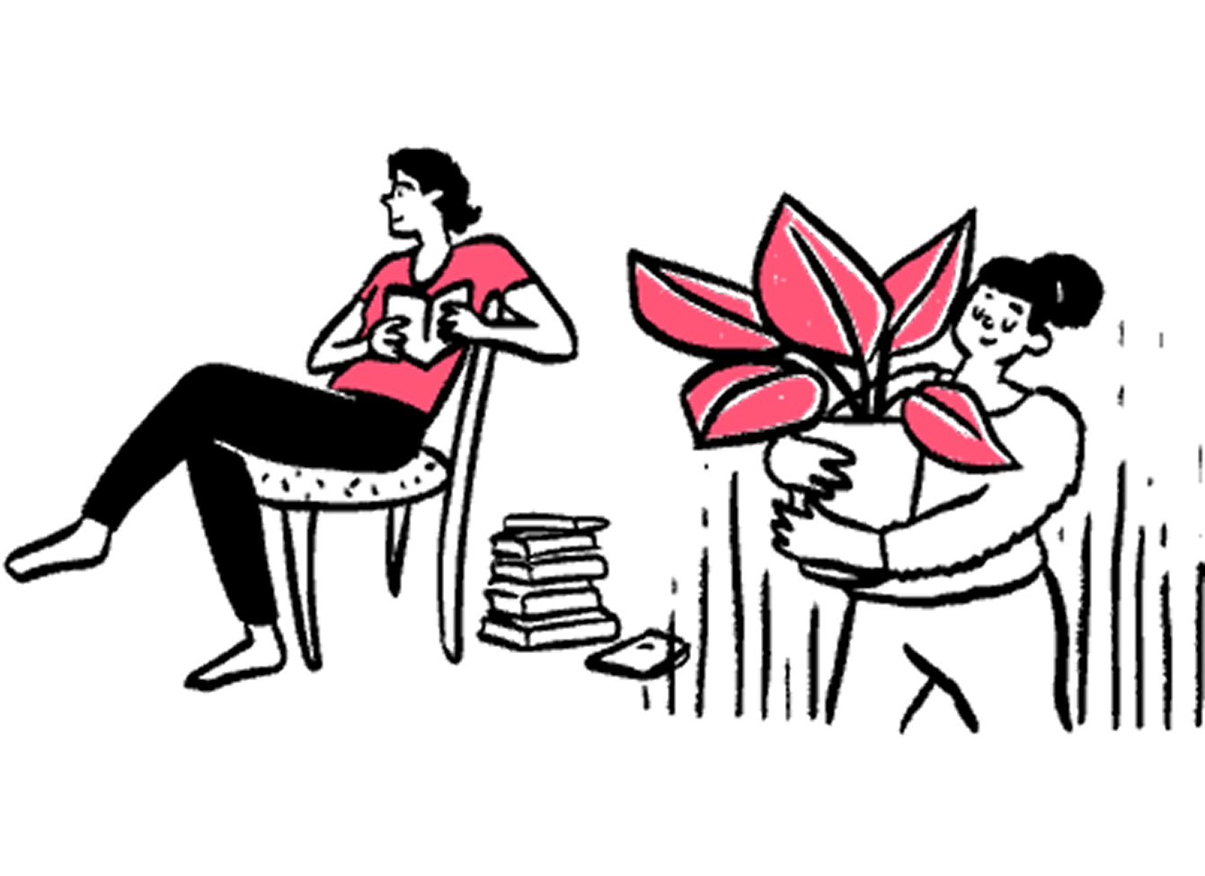 Illustration of two people, with one person reading in a chair and the other carrying a plant