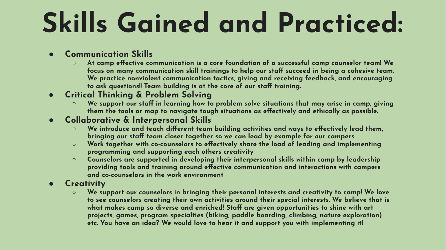 A light green poster titled "Skills Gained and Practiced" listing communication skills, critical thinking, problem solving, collaborative and interpersonal skills, and creativity, with detailed bullet points under each category.