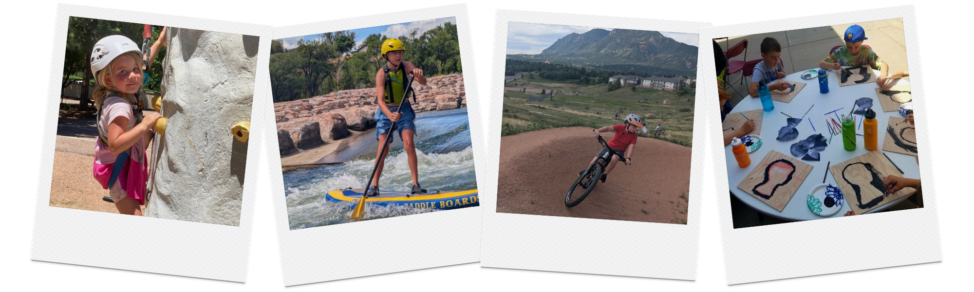 Four photos of children engaging in outdoor and indoor activities. The first photo shows a girl climbing a rock wall with a harness and helmet. The second shows a boy paddling a raft on a river, wearing a helmet and life vest. The third depicts a girl mountain biking on a dirt trail in a hilly area with mountains in the background. The fourth features children painting pictures of silhouette figures on wooden boards, with art supplies on the table.