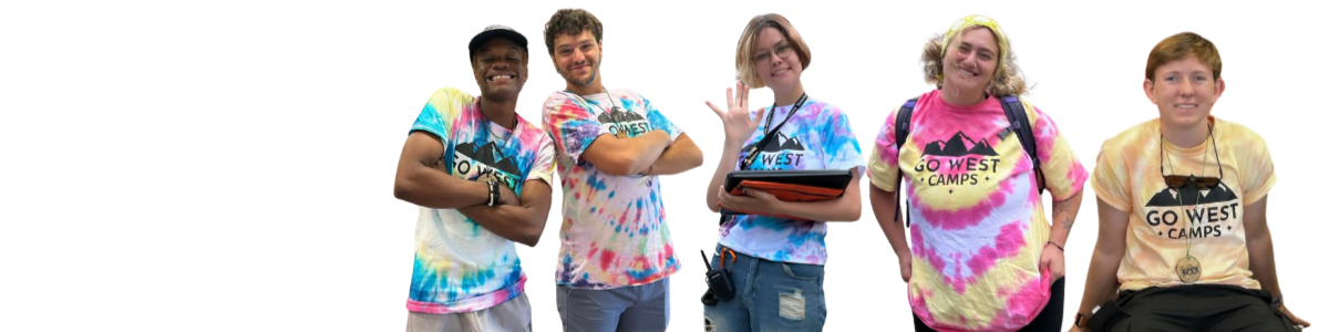 Five teenagers posing together, wearing colorful tie-dye t-shirts with 'Go West Camps' logo, smiling and standing close against a plain background.