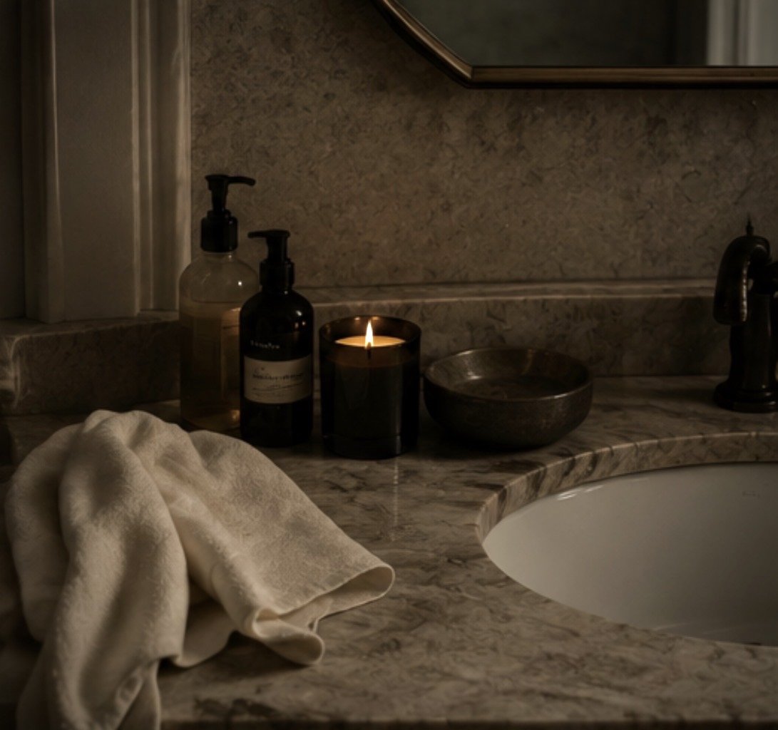 A dimly lit bathroom countertop with a lit candle, soap dispenser, towel, and a bowl.