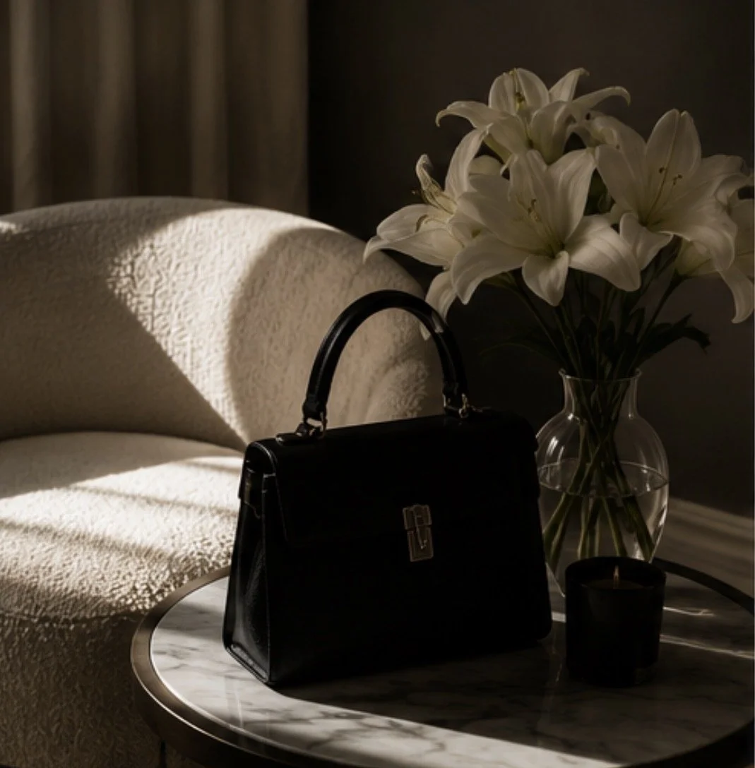 A black handbag on a round marble table with a vase of white lilies and a black candle, near a textured cream-colored sofa in a dimly lit room.