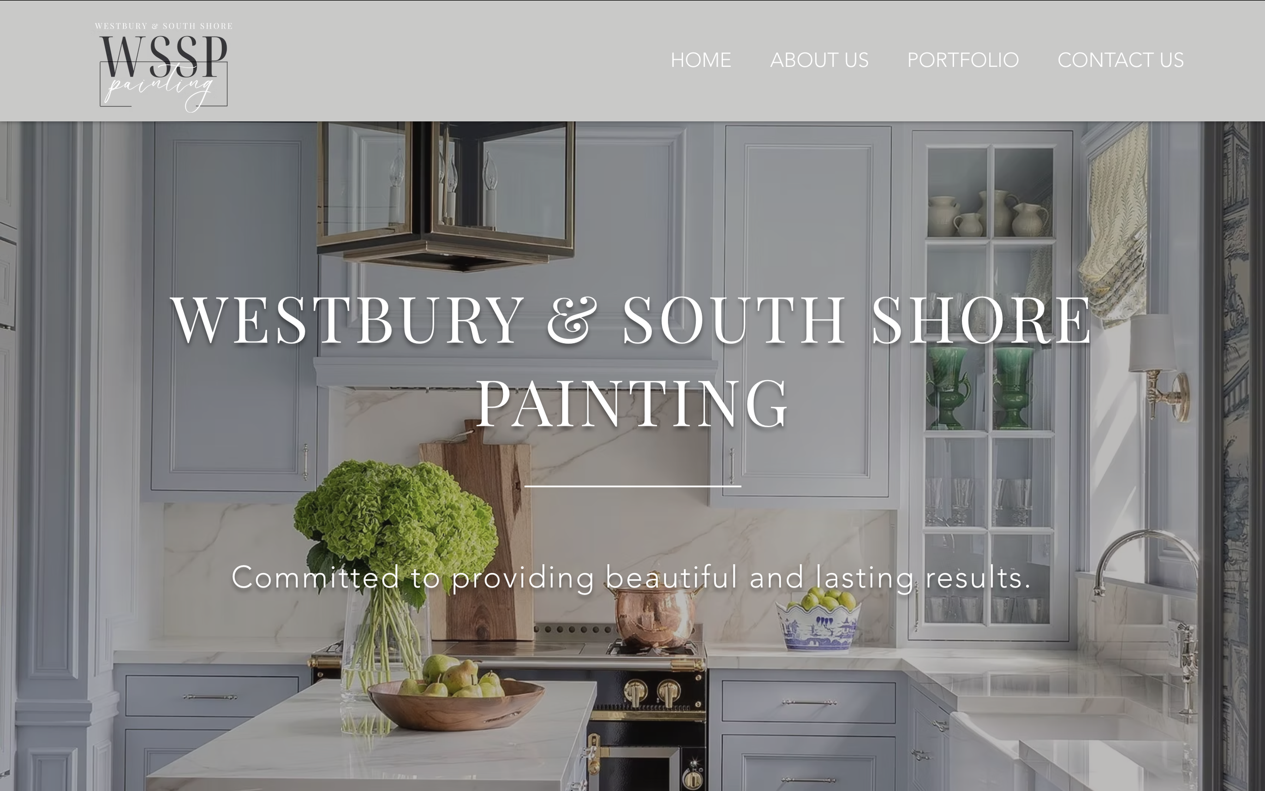 A kitchen with light gray cabinets, a white marble countertop, and decorative items including green vases and a potted plant, with the text 'Westbury & South Shore Painting' overlaid.