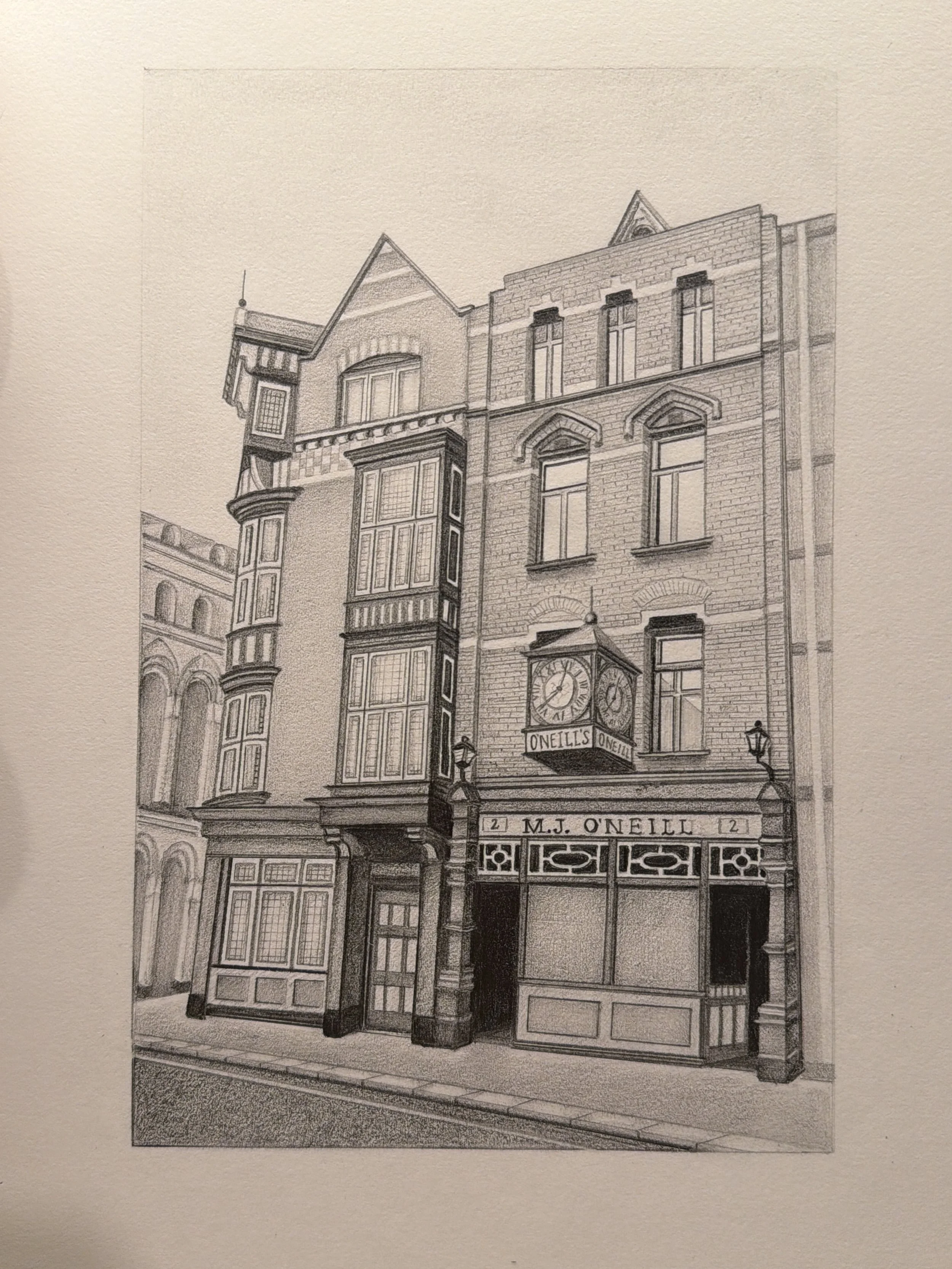 A detailed black and white drawing of a historic multistory building with ornate windows, a clock tower advertising 'O'Neill's', and decorative architectural features.