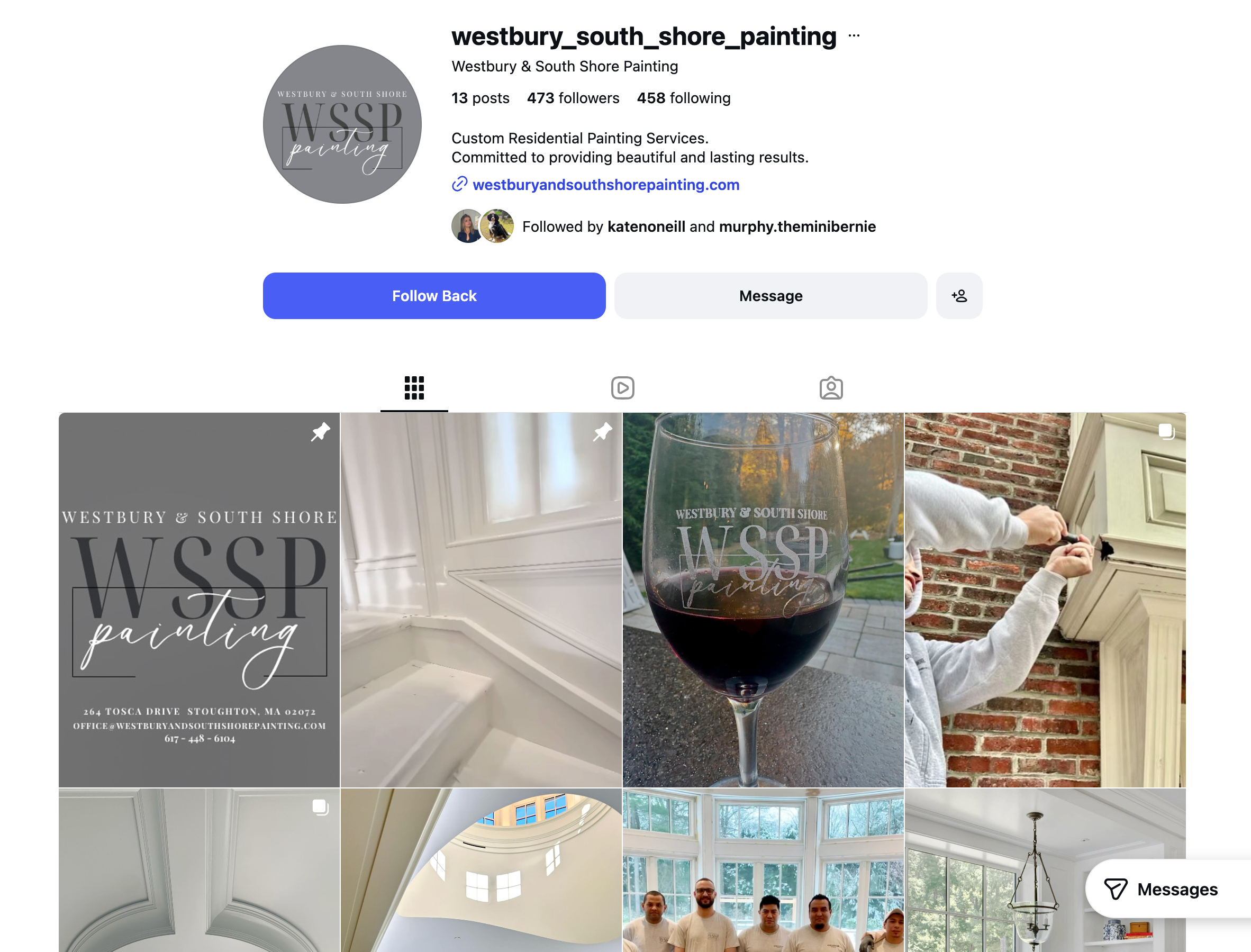 Social media profile for Westbury South Shore Painting with logo, contact information, and images of interior and exterior painting projects, including a glass of red wine with painted logo, a person painting a house, and an ornate ceiling.