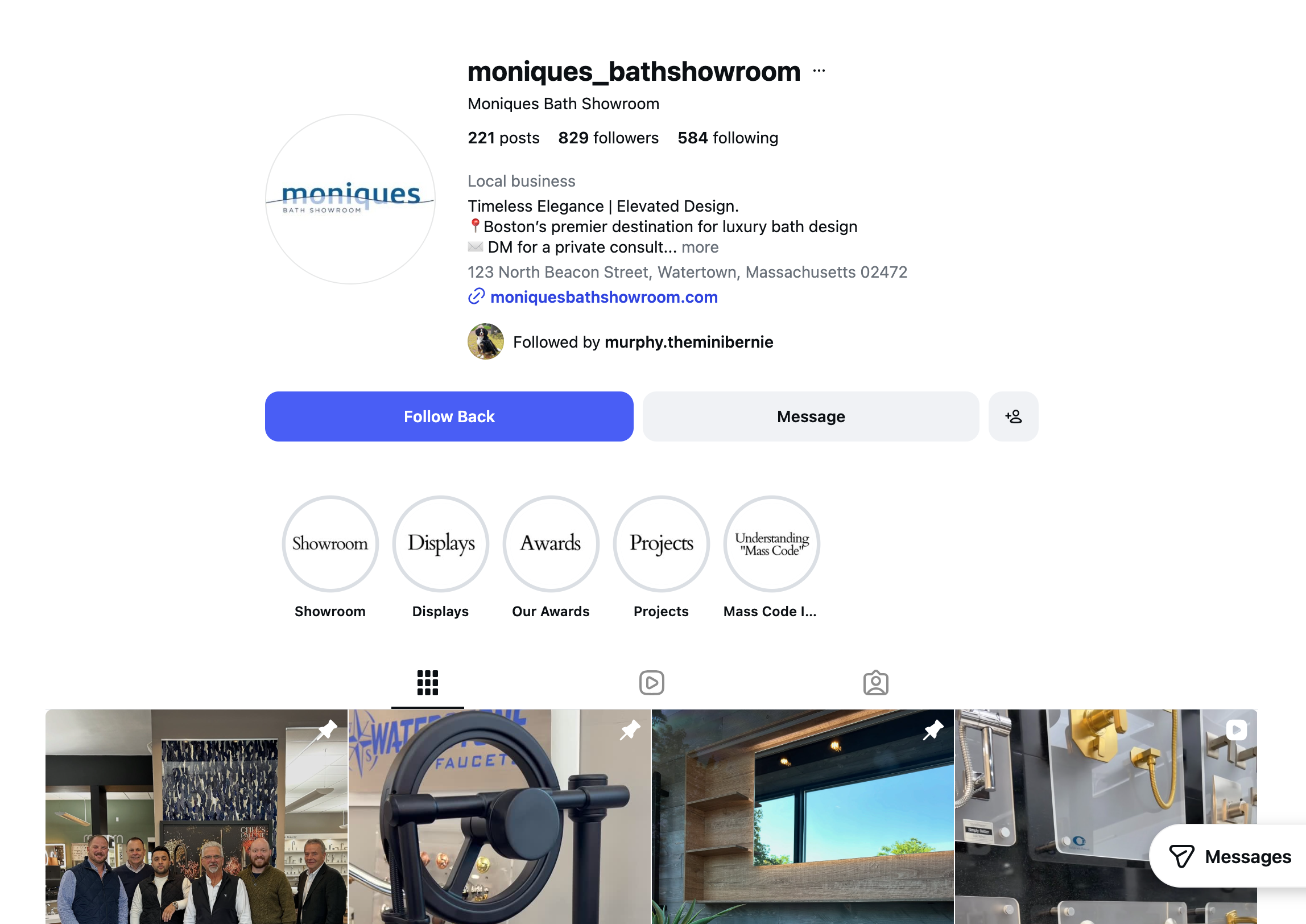 Screenshot of Moniques Bath Showroom's social media profile page, featuring the profile picture, business details, and a banner image with showrooms and display products.