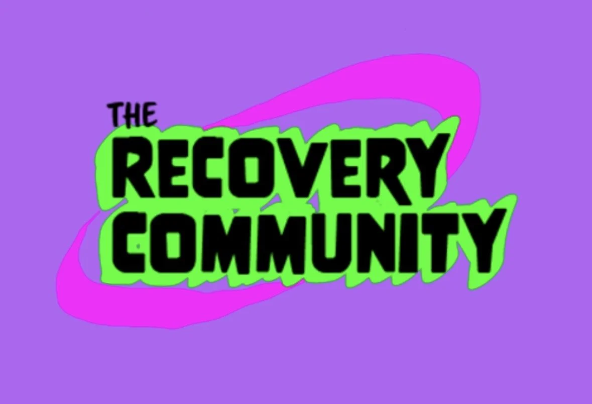 Logo for Recovery Community with bold black and green text on a purple background, featuring pink swoosh design.