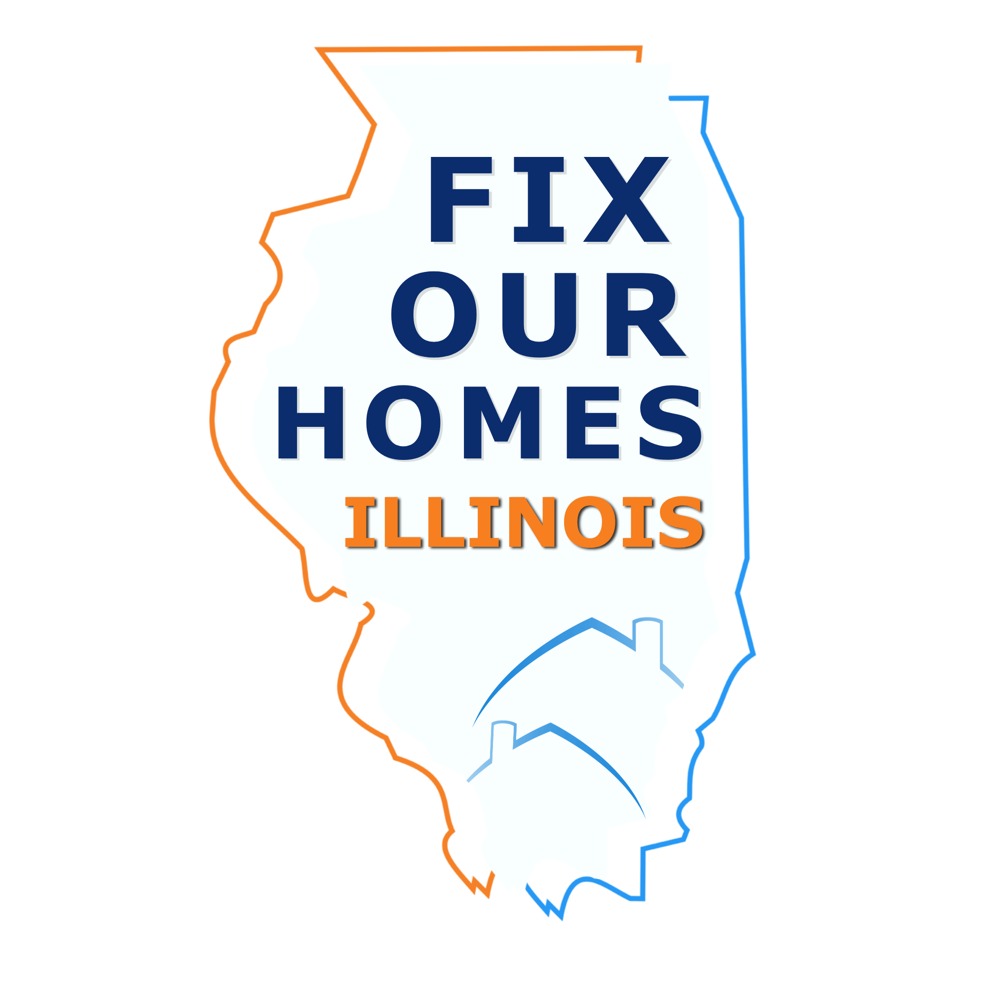FX Our Homes Illinois logo featuring an Illinois state outline, blue lettering, orange accents, and house roof graphics fix our homes illinois