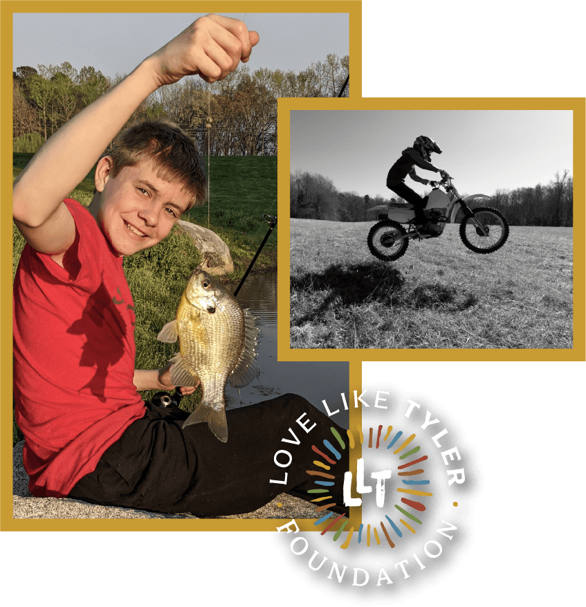 A young boy sitting outdoors holding a freshly caught fish and smiling, with a background of trees and grass. On the right, a smaller inset photo shows a person riding a dirt bike across an open field. The photo collage features a circular logo of the Love Like Tyler Foundation at the bottom.