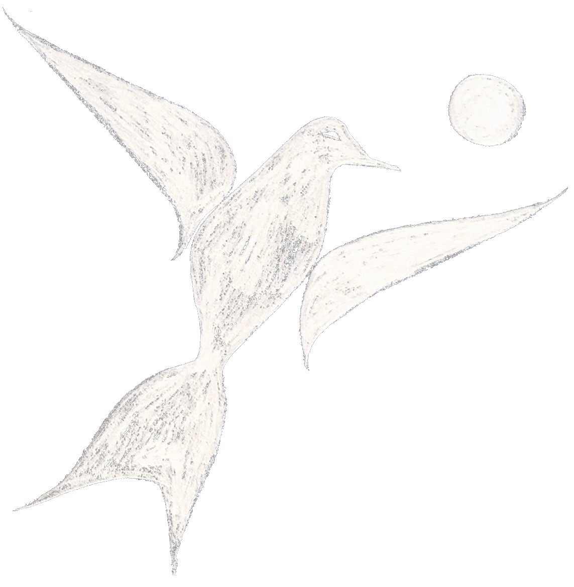 A white stylized bird with wings spread, flying toward a white circle in the top right corner, drawn on a gray background.