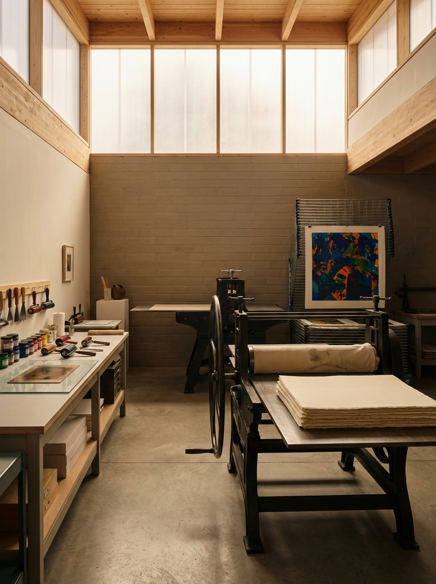Interior of an art studio with various art supplies, a printing press, and artwork, illuminated by natural light from large windows.