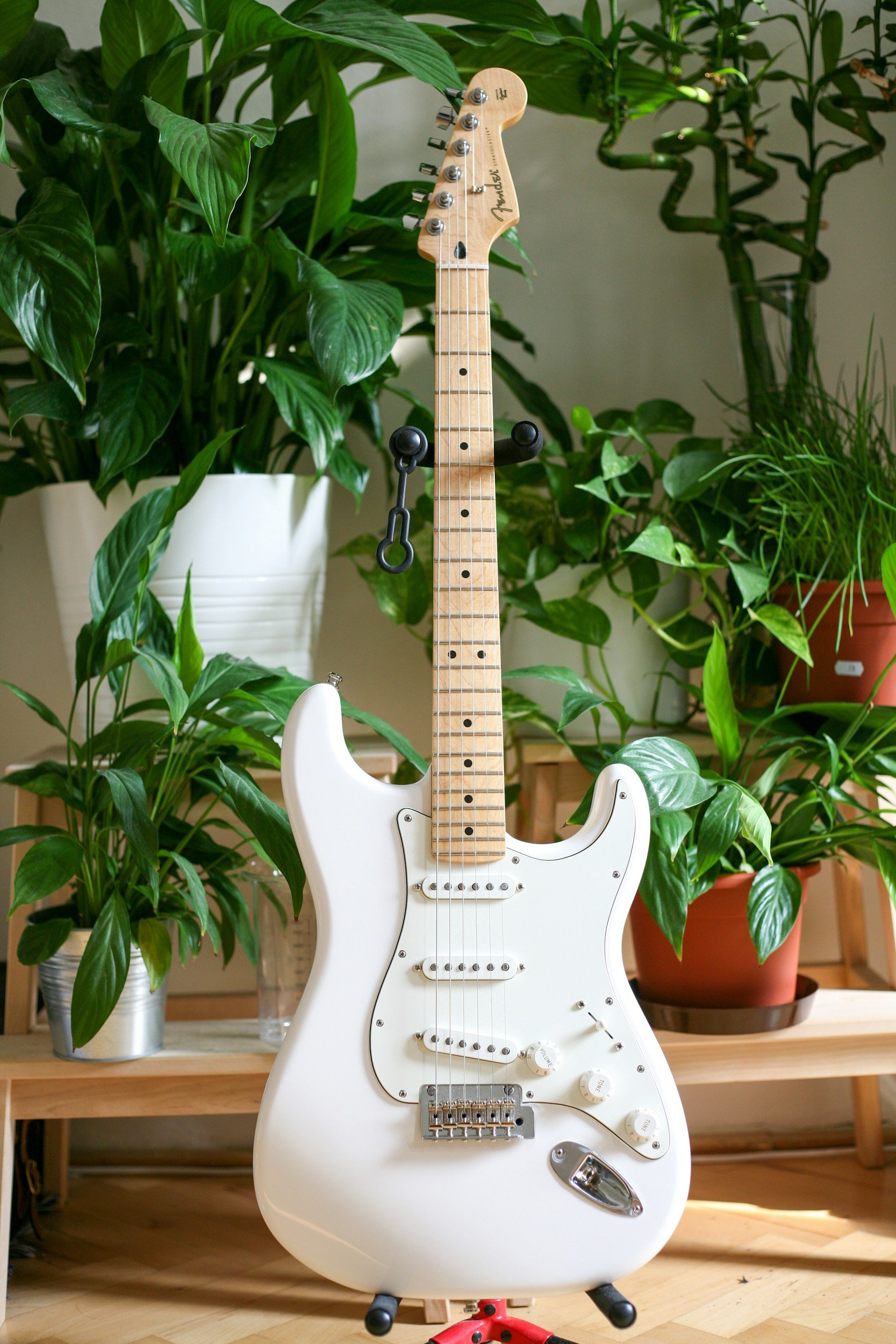 White electric guitar standing on a wooden floor in front of a wooden table with various green potted plants behind it.