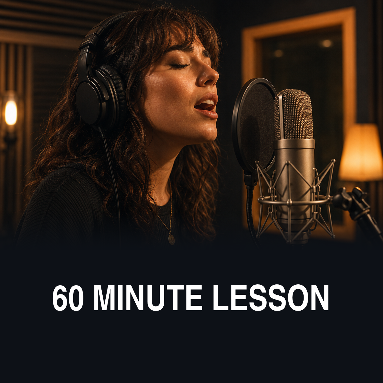 A woman with curly hair singing into a studio microphone, wearing headphones, in a recording studio with warm lighting, advertising a 60-minute singing lesson.