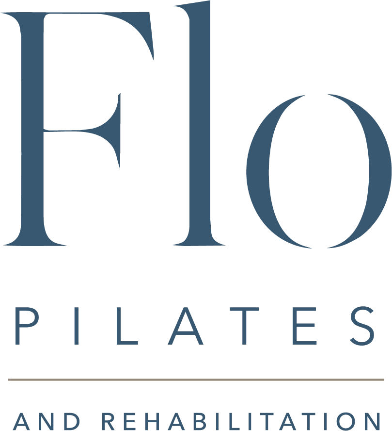 Logo for FLO Pilates and Rehabilitation with large stylized text 'FLO' and smaller text 'Pilates' and 'And Rehabilitation' beneath.