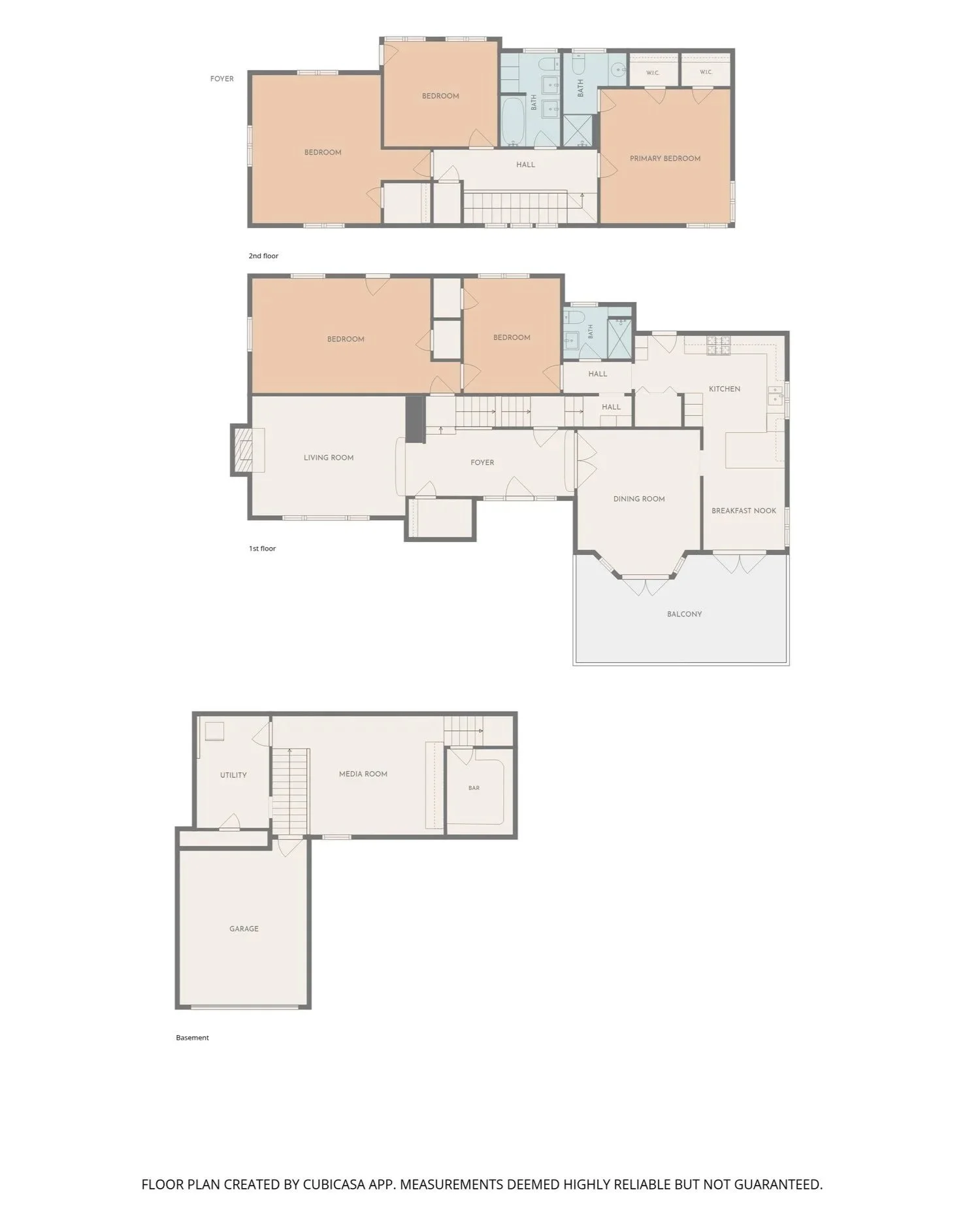 Floor plan with three levels: basement, first floor, and second floor. The basement includes utility, media room, bar, and garage. The first floor features a foyer, living room, dining room, kitchen, breakfast nook, and balcony. The second floor contains bedrooms, bathrooms, and walk-in closets.