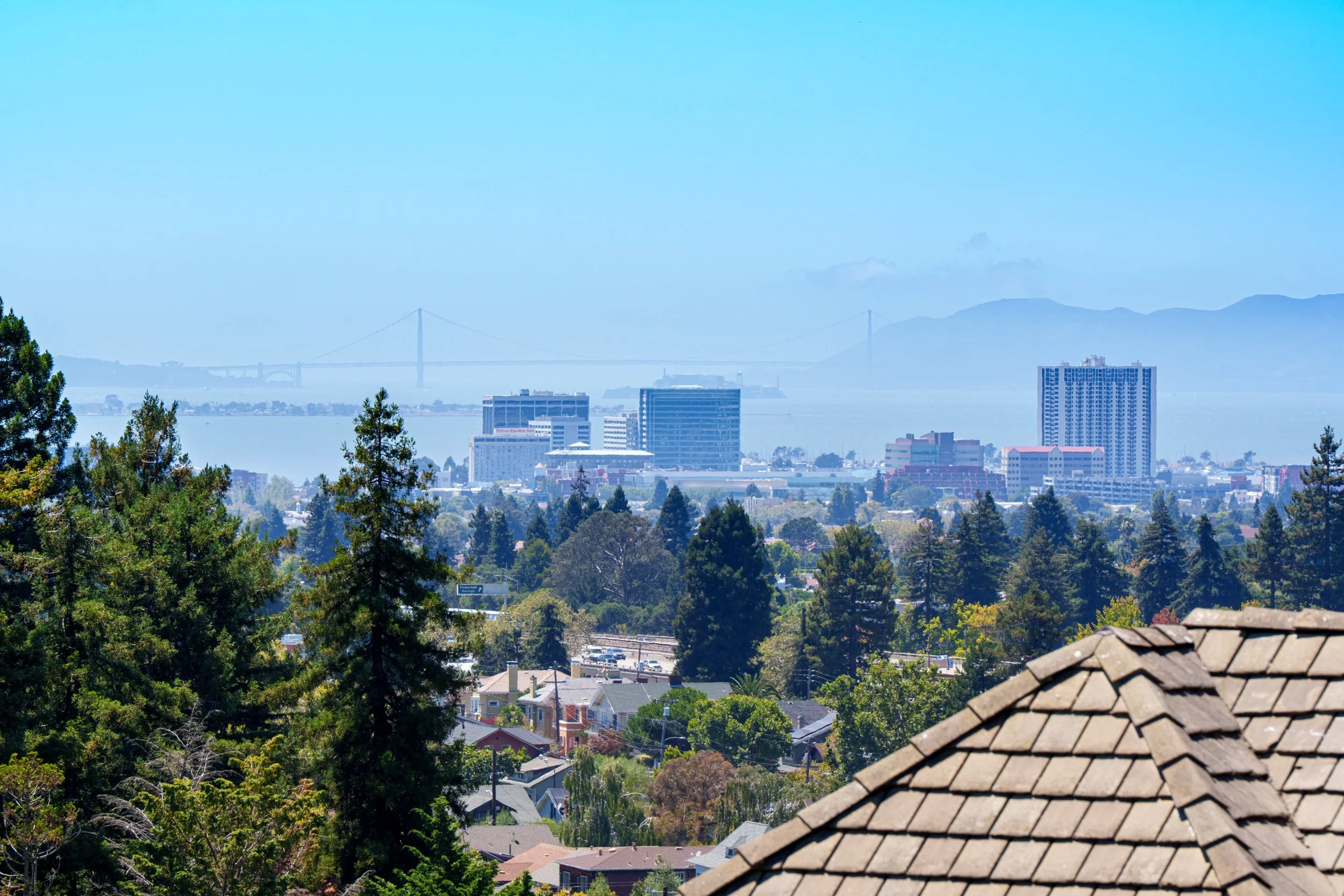 City skyline with high-rise buildings, a bridge in the background across water, and a foreground with rooftops and green trees under a clear blue sky.