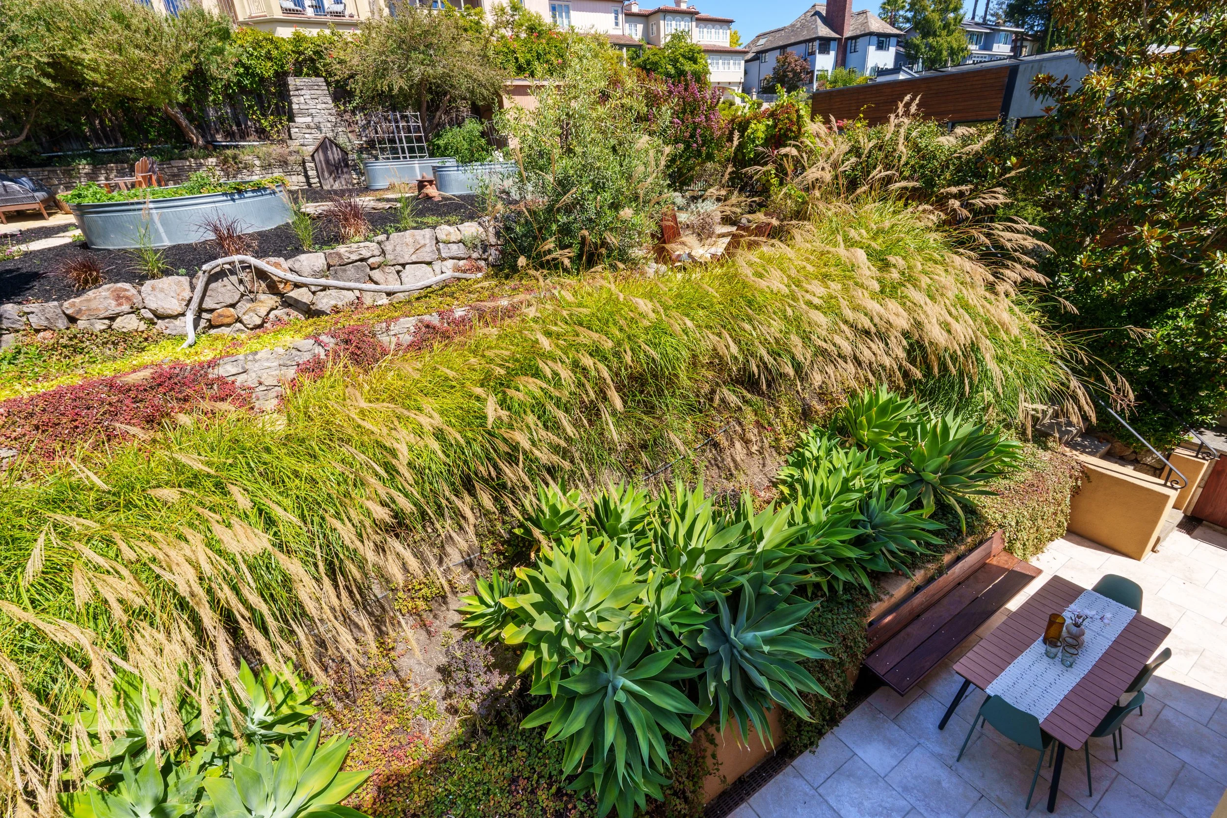 A backyard garden with lush green plants, ornamental grasses, and a stone retaining wall. There is an outdoor dining table with chairs, set in a paved area with a tablecloth, and the background features residential buildings and trees.