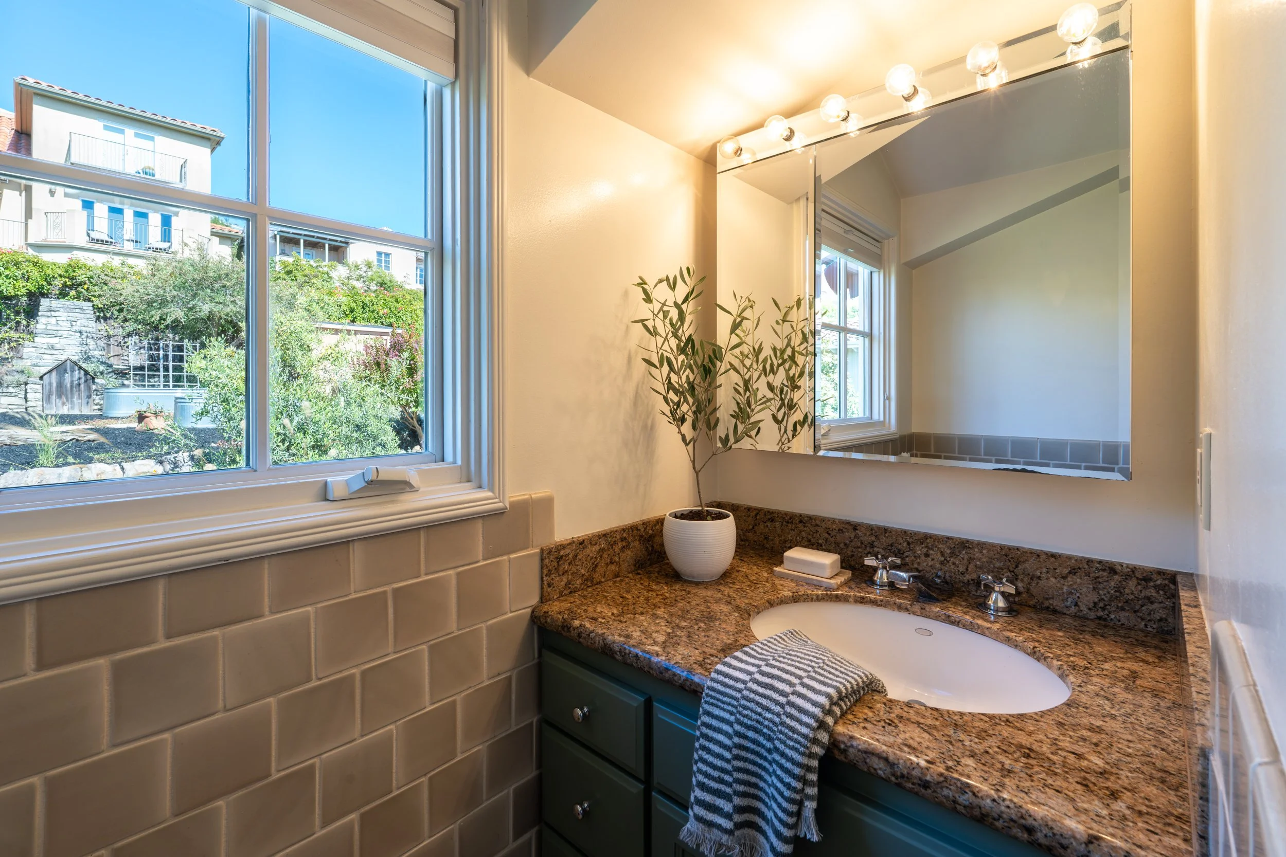 A bathroom with a granite countertop, white sink, green cabinets, and a large mirror. Next to the sink is a potted plant, and a striped towel is hanging over the counter. There is a window showing a backyard with trees and neighboring buildings.