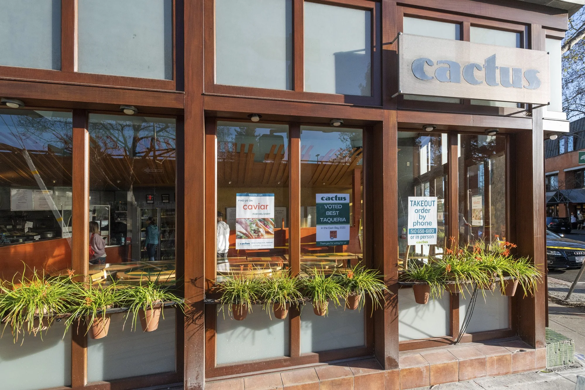 The exterior of a restaurant named 'cactus' with large glass windows and a wooden frame. Signs on the windows display takeout information and awards. Potted plants with orange flowers line the sidewalk outside, and a few people are visible inside.